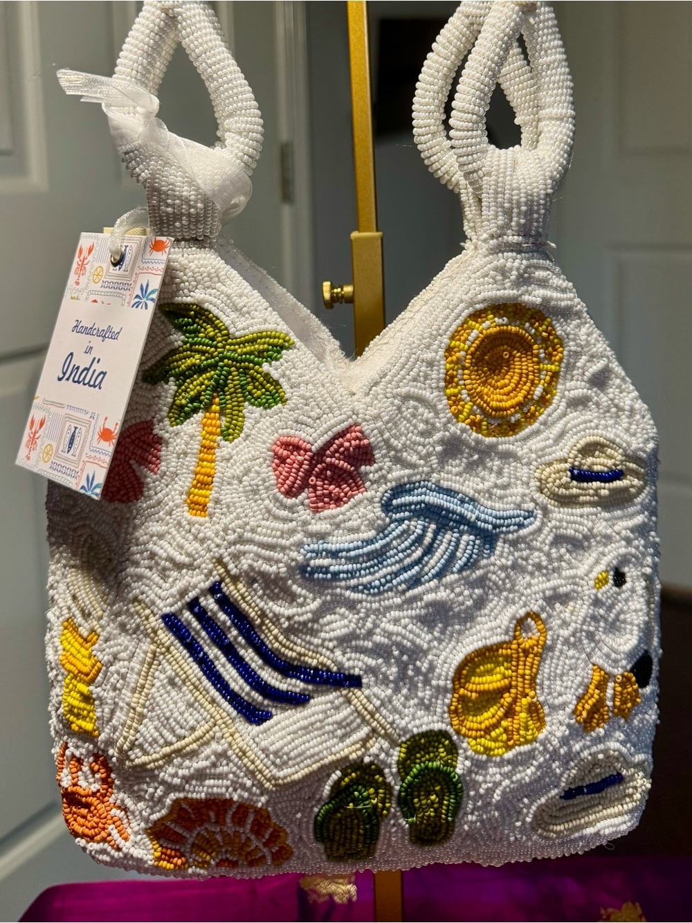 NWT Handcrafted in India Beaded Multi Graphic Summer Vacation Tote Bag